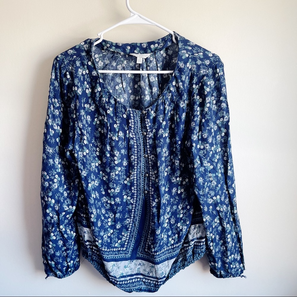 Lucky Brand Blue Floral Boho Long Sleeve Blouse